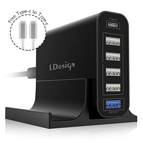 USB Charging Station, LDesign 60W 12A 6-Port Portable Travel Charger with USB-C & Quick charge 3.0 for iPhone Sumsang iPad, Macbook and Nintendo Switch (Black)