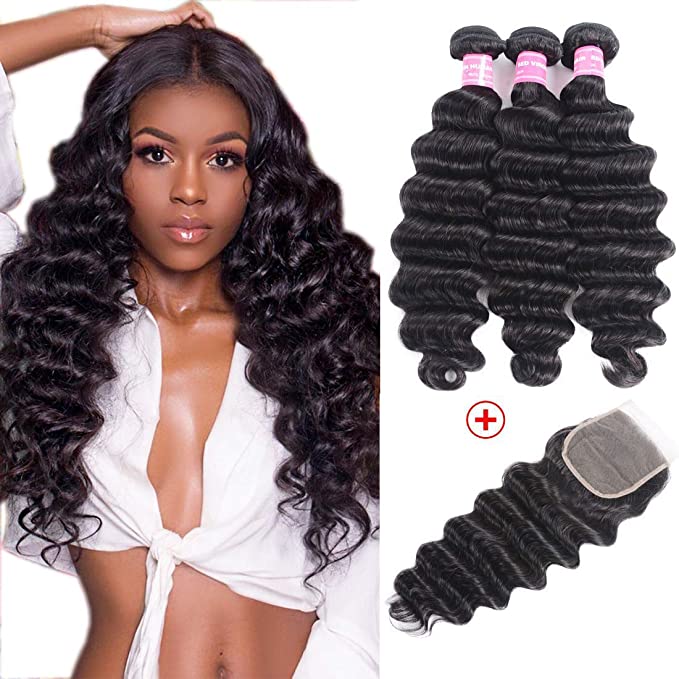 Beauty Forever Hair 8A Grade Malaysian Loose Deep Wave 3 Bundles with Lace Closure 4X4 inch Free Part Unprocessed Virgin Human Hair Deep Curly Bundles Natural Color (12 14 16 10, Bundle with closure)