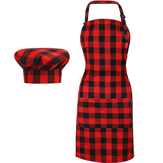 Christmas Buffalo Plaid Check Apron and Hat Gingham Cooking Retro Adjustable Apron with Pockets Cotton Fabric Chefs Hat Chef Cap Women Men Party Costume for Christmas (Red and Black)