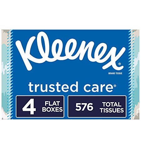Kleenex Trusted Care Everyday Facial Tissues, 144 Tissues per Flat Boxes, 4 Pack (576 Tissues Total)