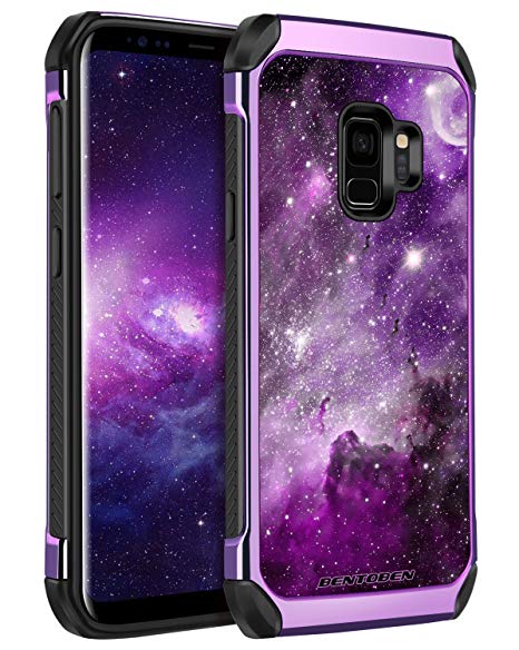 BENTOBEN Galaxy S9 Case with Galaxy Design Shockproof Girl Women 2 in 1 Faux Leather Hard Case Soft Bumper Protective Phone Case for Samsung Galaxy S9, Purple/Galaxy