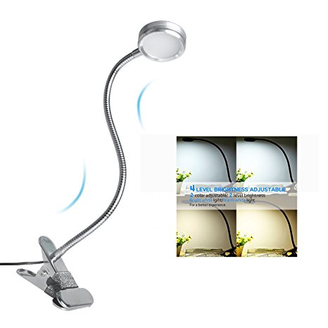 Anpress Flexible LED Book Reading Lamp Clip On Table Desk Lamp,Sturdy Gooseneck, 2 Brightness Level, 2 Color Temperature 5w,Perfect for Reading,could Be Powered By USB or Power Bank (Silver)