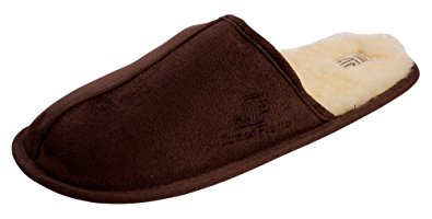 J. Fiallo Mens Faux Fleece Lined Velour Scuff House Slipper With Classy Imprinted Emblem