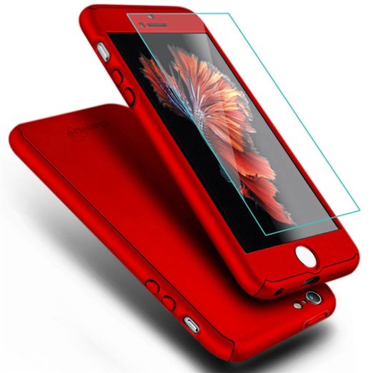 iPhone 5 Case,iPhone 5S Case, COOLQO® Full Body Coverage Ultra-thin Hard Hybrid Plastic with [Slim Tempered Glass Screen Protector] Protective Case Cover & Skin for Apple iPhone 5/5S (Red)
