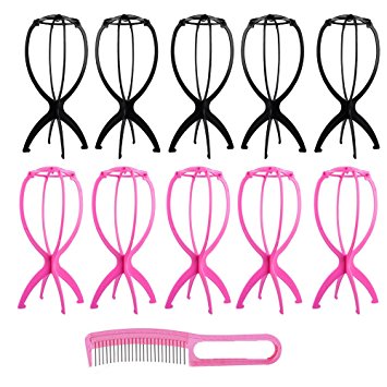 Alotpower Collapsible Wig Stand Portable Wig Dryer 10 Pack Wig Stand Holder with 1 Comb,Black and Pink