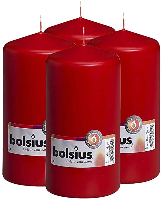 BOLSIUS Set of 4 Pillar Candles 3" x 6" Red -Unscented Dripless - -Clean Burning Smokeless Dinner Candles for Wedding & Home Decor Party Restaurant Spa- Individually Wrapped