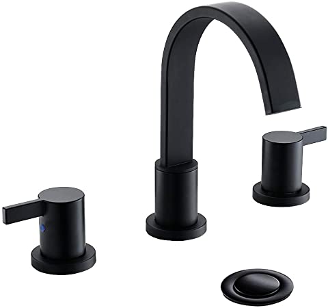 Matte Black Waterfall Widespread 8 Inch 3 Holes 2 Handles Bathroom Faucet With Copper Drain And Valve By PHIESTINA, WF40-1-MB