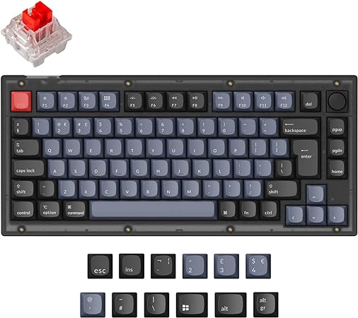 Keychron V1 Hot-swappable Custom Mechanical Keyboard, 75% ISO-UK-Layout QMK/VIA Programmable RGB Backlight, Type-C Wired Red Switch for Mac Windows Linux - Frosted Black (Translucent)