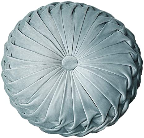 YunNasi Round Velvet Pleated Pillow Filled Cushion Chair Decorative Throw Pillow Home for Home Sofa Bed Car Decor 13 inch (Light Blue)