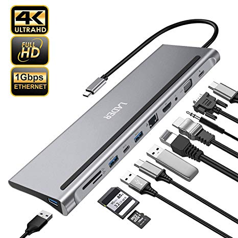 USB C HUB, LADER 11 in 1 USB C Adapter Docking Station with 4K HDMI, VGA, 3 USB 3.0, SD/TF Card Reader, RJ45 Ethernet, Audio for MacBook Pro, iPad, Samsung, Laptop Docking