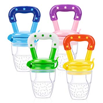 Laelr Baby Food Feeder Fruit Feeder, 4 Pack Infant Teething Toy Teether, Pacifier Feeder Baby Supplies Toys - Medium Size Silicone Sacs (Pink, Lemonade Yellow, Green, Blue)