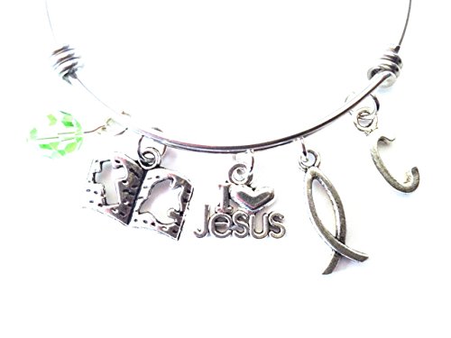 Christian / Faith / Jesus themed personalized bangle bracelet. Antique silver charms and a genuine Swarovski birthstone colored element.