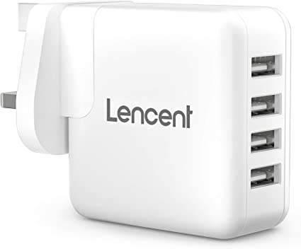 LENCENT USB Plug, 4-Port 24W/4.8A USB Charger Plug Cube Portable UK Power Adapter Plug with Smart IC Technology for iPhone, iPad, Samsung Galaxy, Huawei and etc