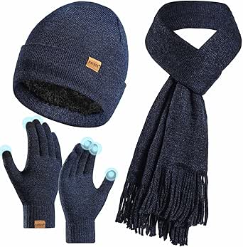 Womens Beanie Hat Scarf Gloves Set,Winter Warm Touchscreen Gloves Fleece Lined Hat Long Knit Scarf for Women Men