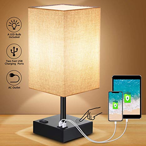 Touch Control Table Lamp, SOLMORE 3 Way Dimmable Bedside Nightstand Lamp, with AC Outlet & 2 Charging USB Ports Fabric Shade Modern Lamp for Bedroom Office Living Room,60W Equivalent LED Bulb Included