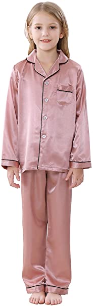 JOYTTON Kids Satin Pajamas Set PJS Long Sleeve Button-Down Sleepwear Loungewear
