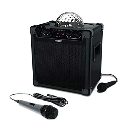 ION Audio Party Rocker Plus | Rechargeable Speaker with Spinning Party Lights & Karaoke Effects with Dynamic Microphone with 10 Ft. Cord