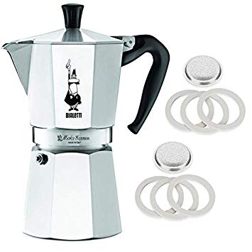 Original Bialetti 9-Espresso Cup Moka Express | Espresso Maker Machine and Genuine Bialetti, Six Replacement Gaskets and Two Bialetti Replacement Filter Plates Bundle (9-cup, 18.5 fl oz, 550 ml)