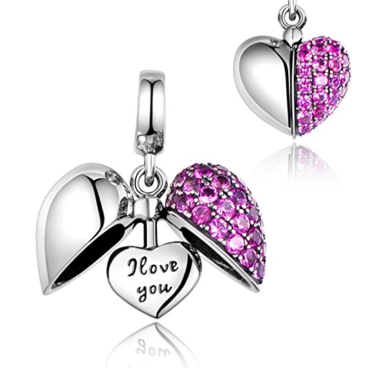 I Love You Heart Charms - 925 Sterling Silver Swarovski Crystal Love Charm Fit Pandora Bracelets - Best Gifts for Girls and Women