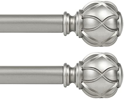 KAMANINA 1 Inch Curtain Rod Single Drapery Rod 28 to 48 Inches 2 Pack, Netted Texture Finials, Antique Silver