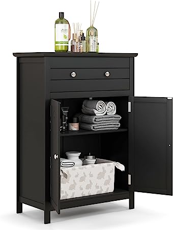 COSTWAY Bathroom Floor Cabinet, Wooden Side Storage Organizer with Larger Drawer, Adjustable Shelf & 2-Door Cupboard, Freestanding Storage Cabinet for Living Room, Kitchen, Laundry, Entryway (Black)