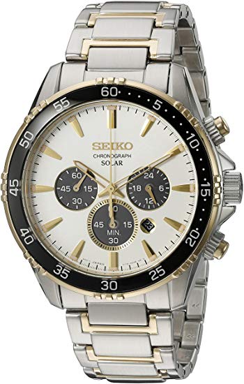 Seiko Men's Solar Chronograph Two-Tone Watch with Black Bezel