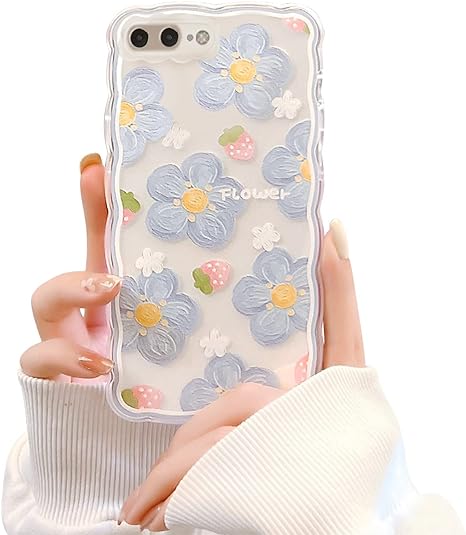 Ownest Compatible for iPhone 7 Plus/ 8 Plus Clear Case with Flower Cute Strawberry Lace Design for Girls Woman TPU Protective Slim Shockproof Floral Case Blue