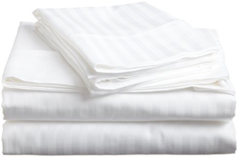 100% Premium Long-Staple Combed Cotton 650 Thread Count Queen 4-Piece Sheet Set, Deep Pocket, Single Ply, Stripe, White