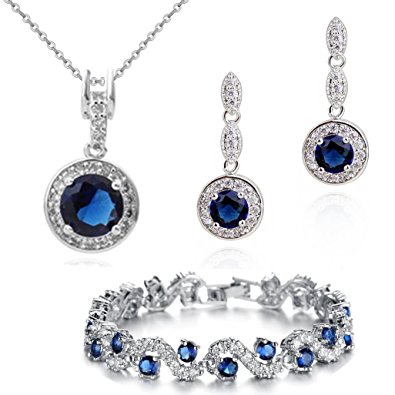 Blue Simulated Sapphire Zirconia Austrian Crystals Round Set Pendant Necklace 18" Earrings Bracelet 18 ct Gold Plated