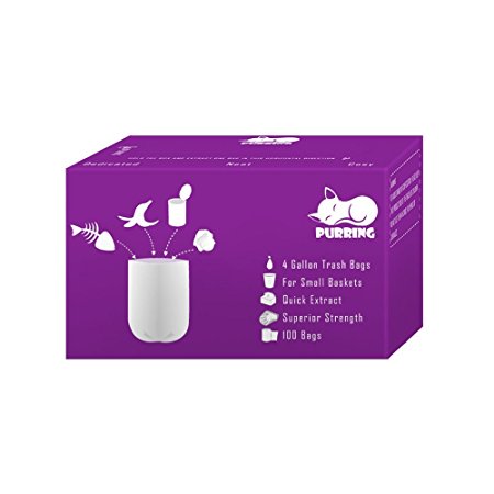 Purring Quick-dispense Small Trash Bags, Small Garbage Bags with Cute and Compact Package, 4 Gallon, 100 Count (Purple)