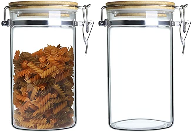 IDEALUX Storage jar made of borosilicate glass, food storage with stainless steel buckle, storage jars glass with bamboo lid (2 x 1500 ml)