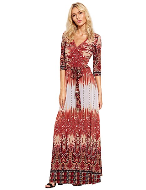 Milumia Women's Bohemian 3/4 Sleeve Faux Wrap Maxi Dress