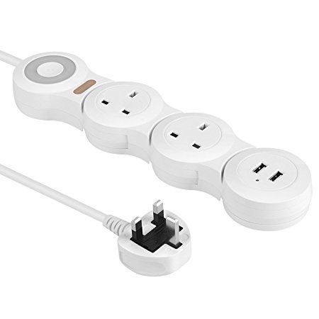 Extension Cable Power Strip Extension Lead Mscien Flexible Rotary Movable Socket With Indicator Light 1.8 M Cord 2500W/10A White (2 Gang - 2 USB Port)
