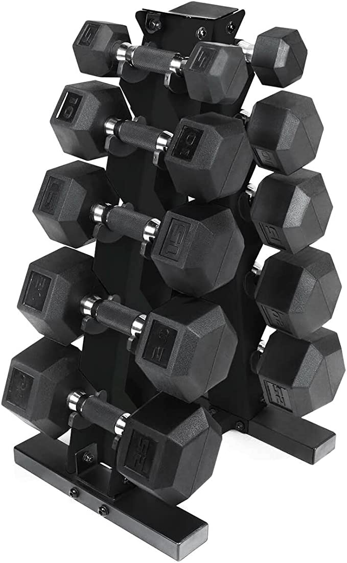 WF Athletic Supply 5-25Lb Rubber Coated Hex Dumbbell Set with A Frame Storage Rack Non-Slip Hex Shape for Muscle Toning, Strength Building & Weight Loss - Multiple Choices Available