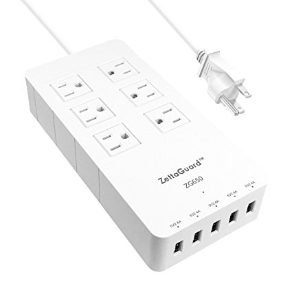 Zettaguard ZG650 WHT Mini 6-Outlet Travel Power Strip/Surge Protector with USB Charger & 5' Power Cord, White