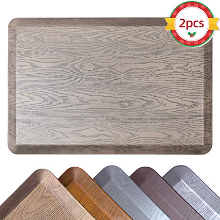 Broad i home Extra Thick Anti Fatigue Kitchen Mat 2 Pack Set - Non-Slip Kitchen Rug - Stain Resistant Standing Desk Mat for Offices, Home, Garages - Relieves Pain (Beige Wood Grain, 20''x30''x3/4'')