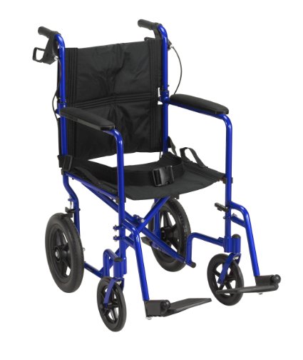 Drive Medical EXP19LTBL Lightweight Expedition Transport Wheelchair Blue with Hand Brakes, Blue, Size 19