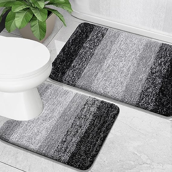 OLANLY Luxury Bathroom Rug Set 2 Piece, Soft Absorbent Microfiber Bath Rugs and U-Shaped Contour Toilet Rug, Non-Slip Bath Carpet, Machine Wash Dry, Bath Mats for Bathroom (24"x16" 24"x20", Black)