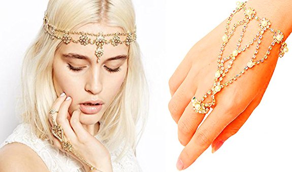 Hair Jewelry Antique Rhinestone Crystal Gold-tone & Silver-tone Fashion Prom Indian Bridal Wedding Gypsy Festival Head and Hand Chain Rings Boho Bands Hair Accessories Headbands set for Women and Girl