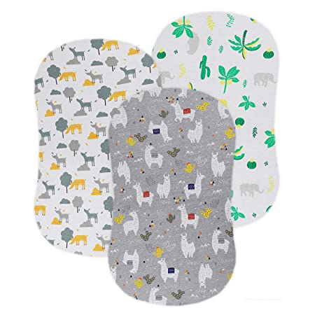 Bassinet Fitted Sheet Set 3 Pack for Boys/Girls - Super Soft Jersey Cotton Sheets Universal for Oval, Rectangle or Hourglass Bassinet Mattress, Llama Deer Elephant Coconut Tree and Leaf Pattern