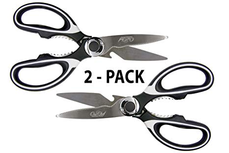Oui Chef Kitchen Shears, Chef Scissors, Poultry Shears, Meat Shears, Kitchen Scissors with Premium Stainless Steel Blades and Black & White Sure-Grip Ergonomic Handles (2 Pack- White)