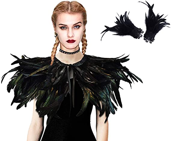 L'VOW Gothic Black Feather Cape Shawl with Feather Cuffs for Halloween Costume