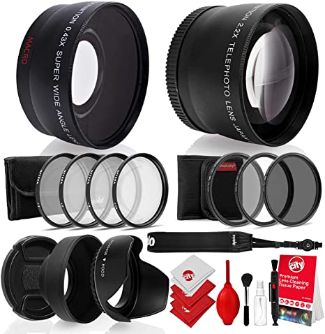 Opteka 52mm 0.43X HD Wide Angle Lens with Macro for Nikon DSLR Bundle with Opteka 52mm 2.2X HD Telephoto Lens and Essential Accessories (8 Items)