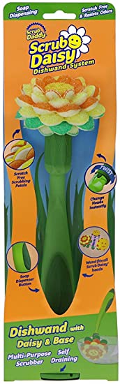Scrub Daddy- Scrub Daisy Multipurpose Daisy Head 3 Piece Combo- Soap Dispensing Dishwand, Non-Toxic Sponge Head & Self Draining Base, Scratch Free, Deep Cleaning, Stain and Odor Resistant - 1ct