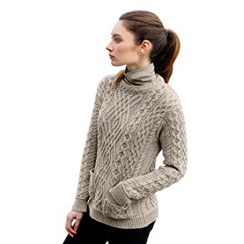 Ladies 100% Irish Merino Wool Cable Sweater with Pockets by West End Knitwear