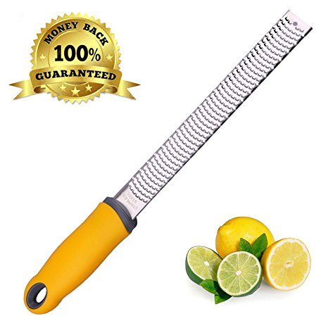 Zulay Lemon Zester - Stainless Steel Grater for Cheese, Ginger, Chocolate, Cinnamon, Citrus, Limes with Plastic Cover, Long Ergonomic Handle and Rubber Base, Yellow