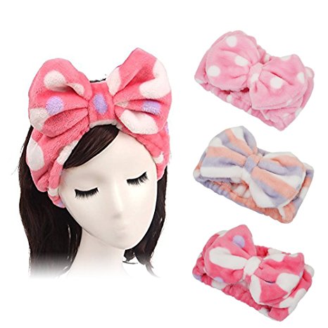 Shintop 3 Pack Flannel Cosmetic Headbands, Bowknot Elastic Hair Band Hairlace for Washing Face Shower Spa Makeup (Pink Polka Dots Red Heart Purple Stripe)