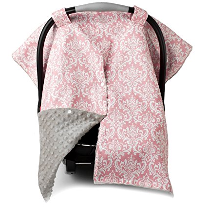 Premium Carseat Canopy and Nursing Cover- Large Pink Damask Pattern w/ Champagne Minky | Best Infant Car Seat Canopy for Girls | Cool/ Warm Weather Car Seat Cover | Baby Gift for Breastfeeding Moms