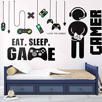 3 Sheets Game Wall Stickers Video Game Wall Decals, Vinyl Gaming Wall Stickers Eat Sleep Game Wall Decal for Boys Kids Men Bedroom Home Playroom