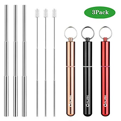 ALINK 3 Pack Rainbow Portable Reusable Collapsible Drinking Straws - Telescopic Stainless Steel Foldable Metal Straw with Aluminum Case & Cleaning Brush Black/Red/Rose Gold